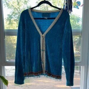🦫Sweater Sweater Teal Velvet Beaded Fringe Turquoise ZipUp Sweater Size L
